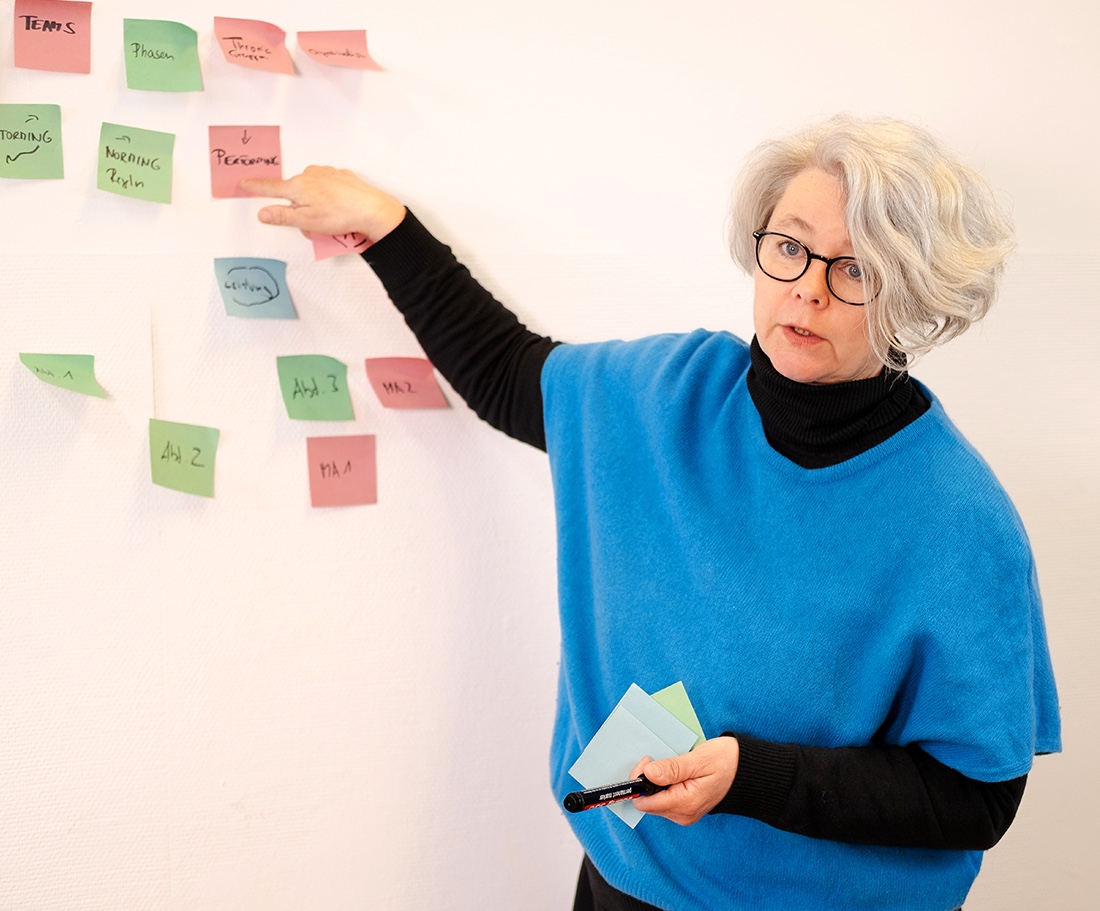 Verena steht vor einer weißen Wand, auf der verschieden-farbige Post-It-Zettel kleben. Sie zeigt auf eines der Post-Its und scheint dabei etwas zu erklären. In der anderen Hand hält sie weitere Zettel und einen Marker. Verena trägt einen schwarzen Rollkragenpulli und darüber einen hellblauen kurzärmeligen Pollunder. Sie trägt eine schwarze rundliche Brille.